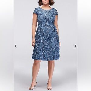 ALEX EVENINGS Midi Cocktail Dress in Rosette Lace with Cap Sleeves